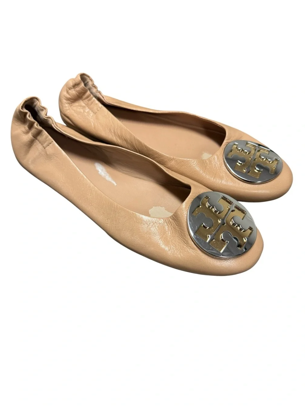 Tory Burch Almond Flour Nude Leather Claire Ballet Flat Logo Slip On Shoes 6